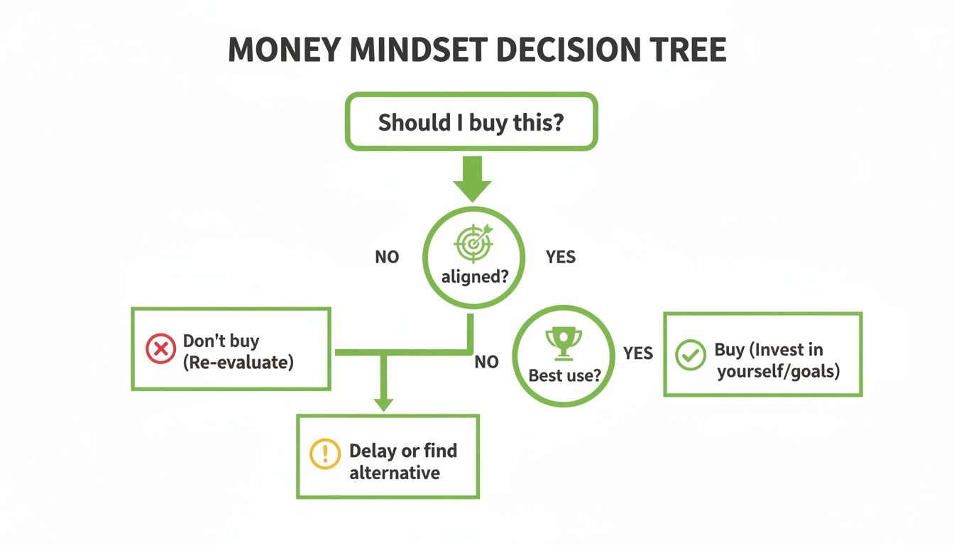 A money mindset decision tree flowchart guiding users on evaluating purchases based on alignment and best use.