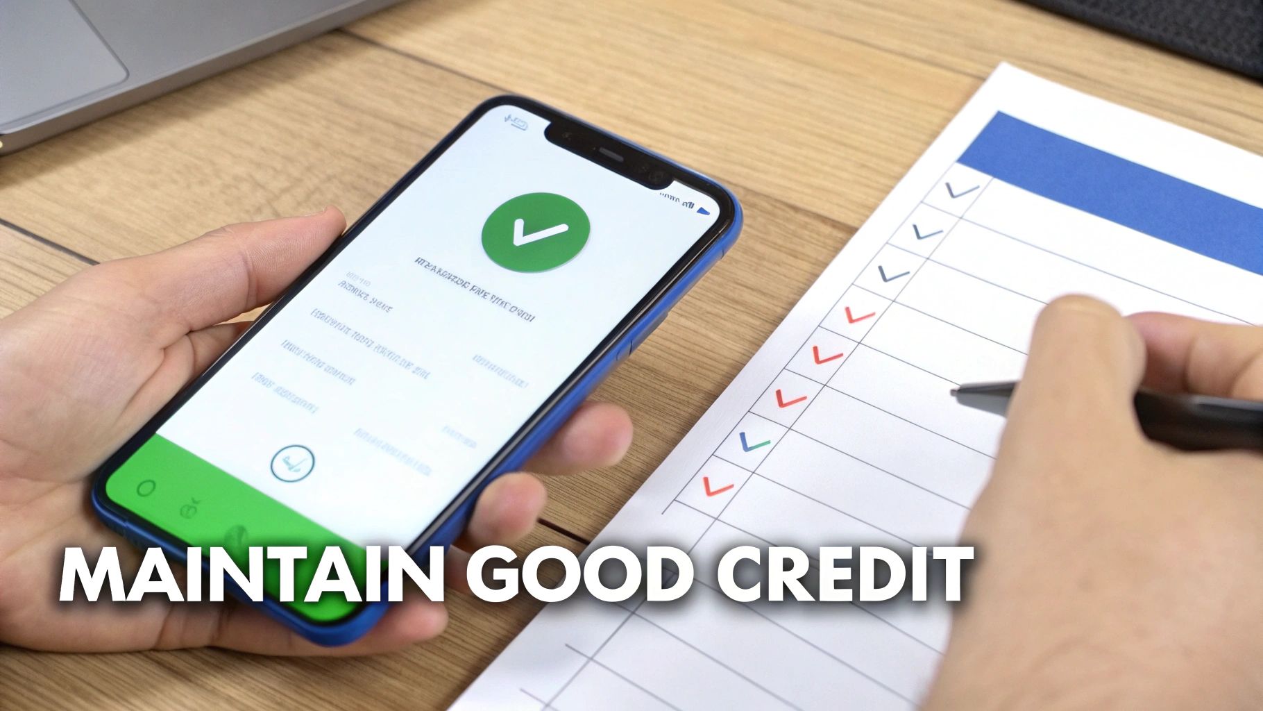 A person holding a smartphone with a green checkmark and another completing a checklist for good credit.