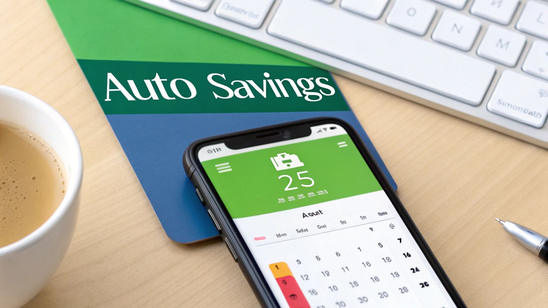 A document labeled 'Auto Savings' with a smartphone showing a calendar app, coffee, and keyboard on a wooden desk.