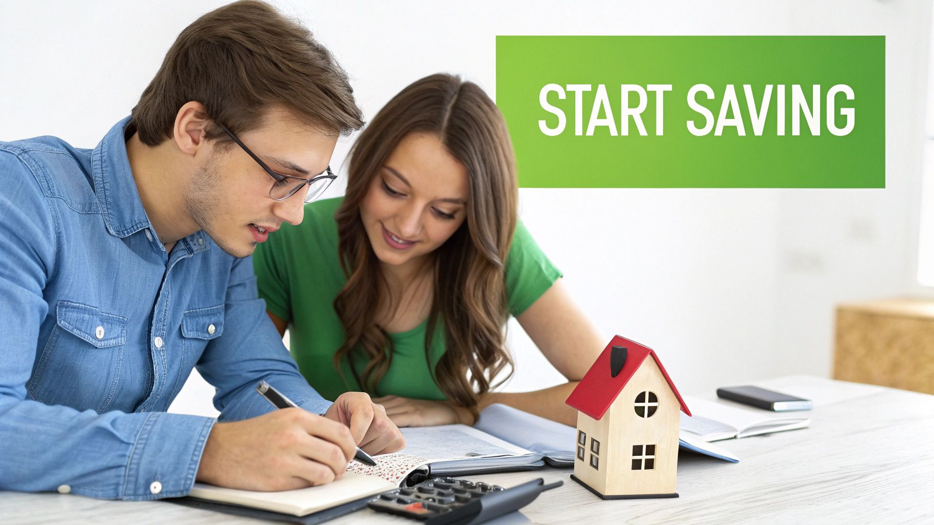 A couple looking at a house for sale, planning their savings.