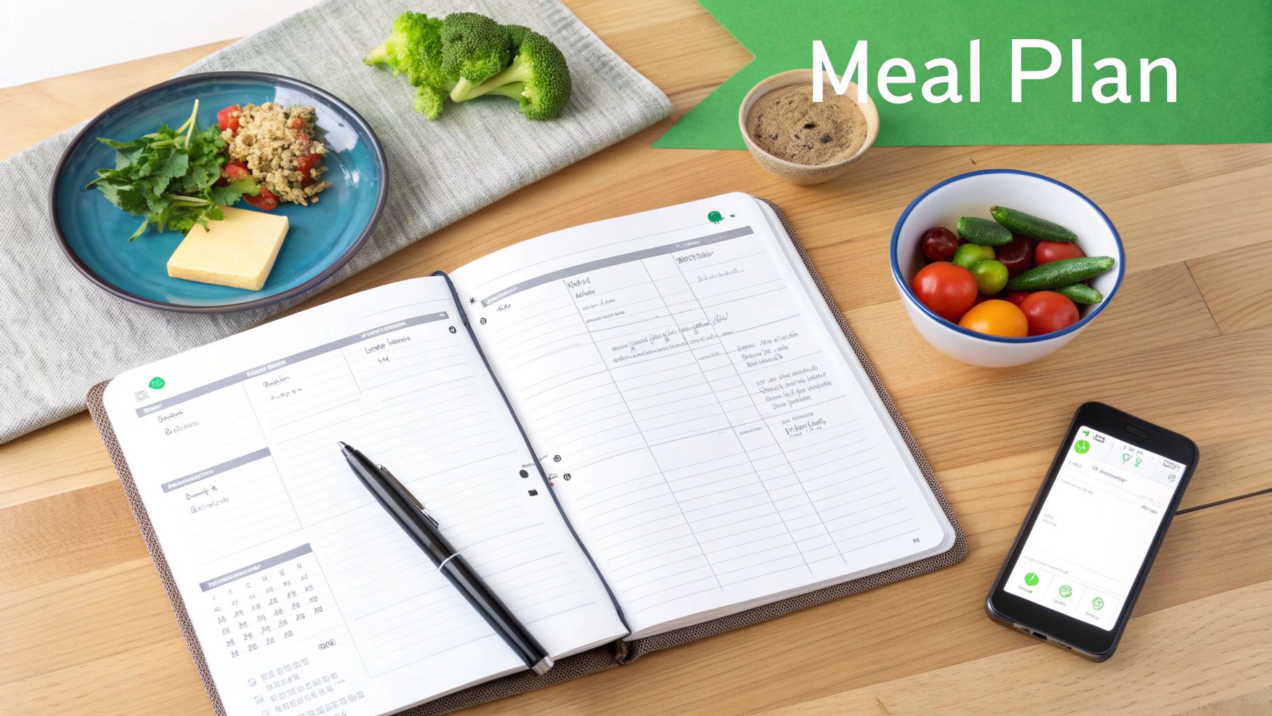 A flat lay of a meal plan notebook, healthy food, and a smartphone on a wooden table.