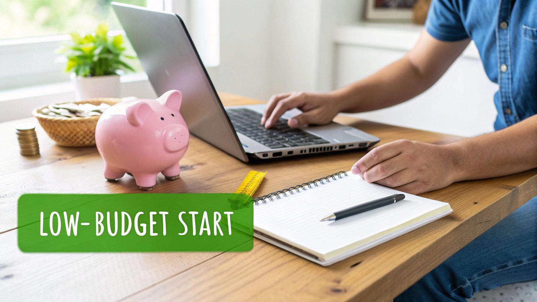 A person uses a laptop with a piggy bank and coins on a table, alongside 'LOW-BUDGET START' text.