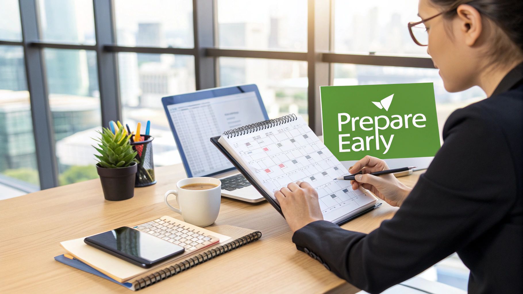 A businesswoman plans her schedule on a calendar at a desk with a laptop and monitor.