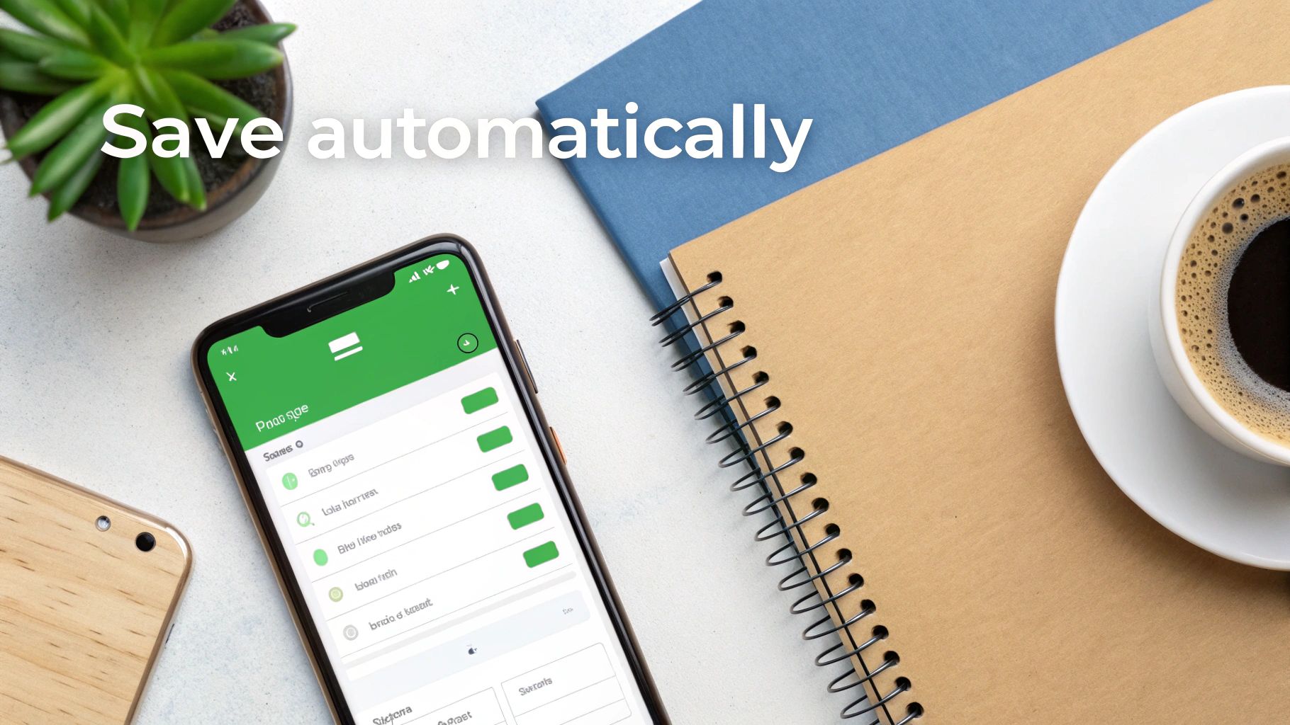 Smartphone displaying a green app with toggles, 'Save automatically' text, notebooks, coffee, and a plant on a desk.
