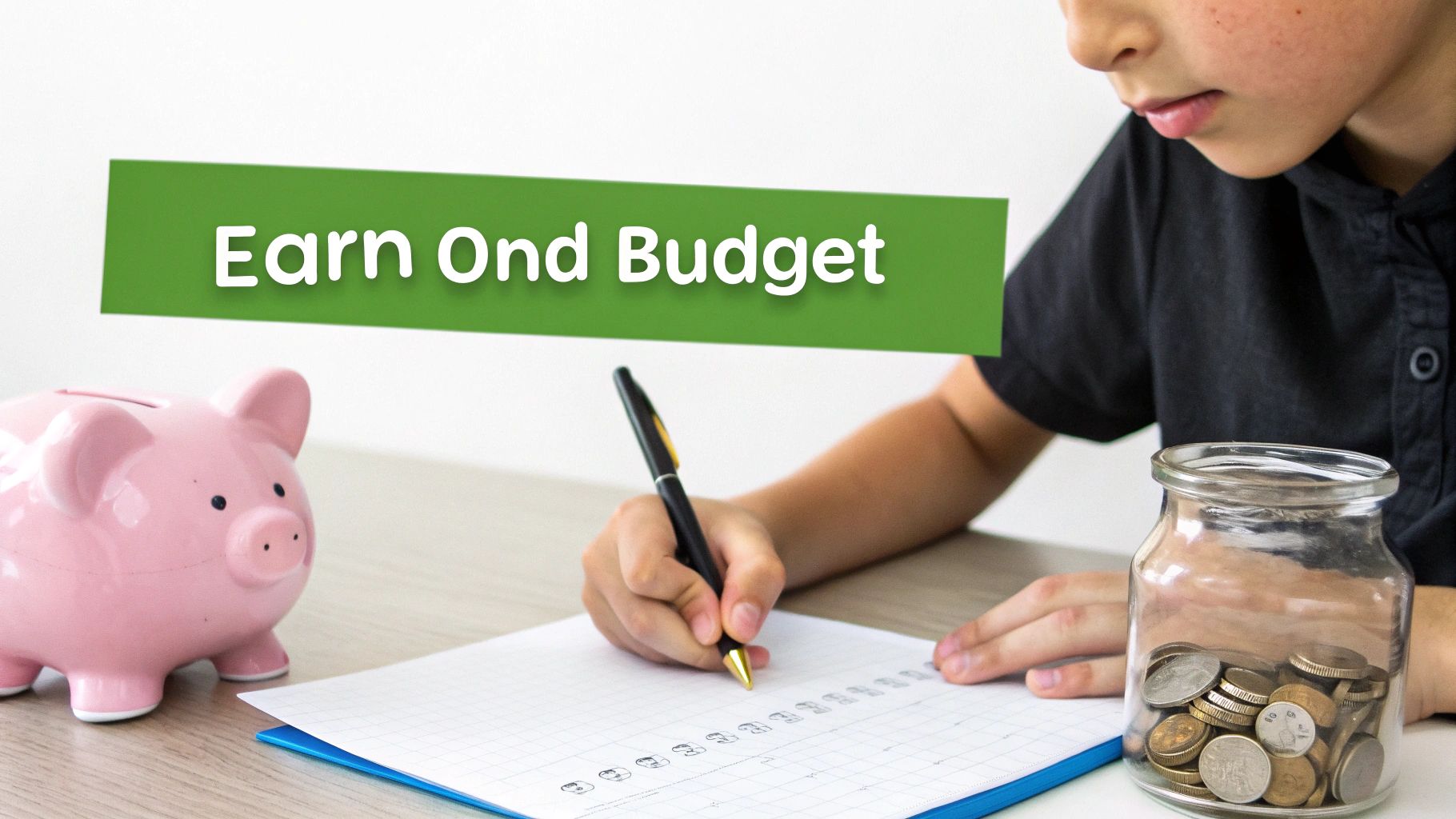A child writes on a paper next to a pink piggy bank and a jar of coins, learning to budget.