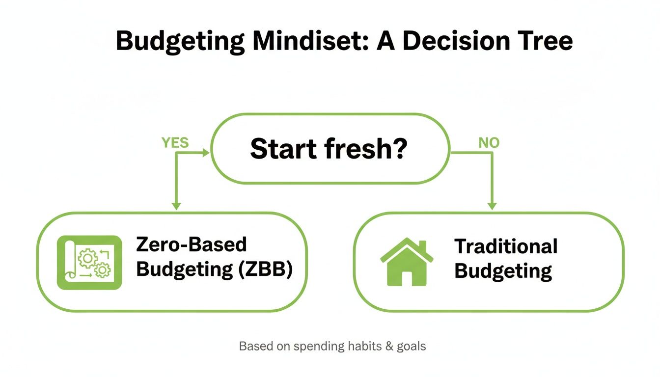 Decision tree illustrating budgeting choices: Zero-Based Budgeting or Traditional, based on starting fresh.