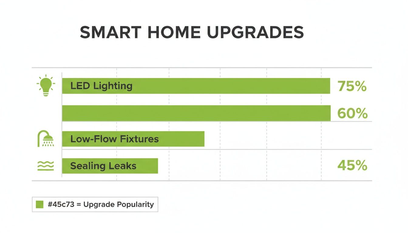 Bar chart displaying smart home upgrade popularity: LED Lighting 75%, Low-Flow Fixtures 60%, Sealing Leaks 45%.
