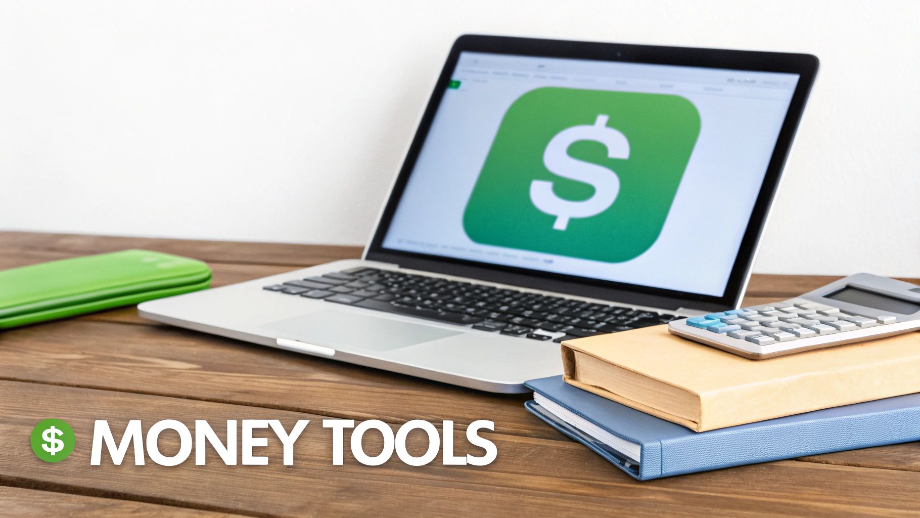 A laptop displays the Cash App logo, alongside a calculator, books, and a wallet on a wooden desk.