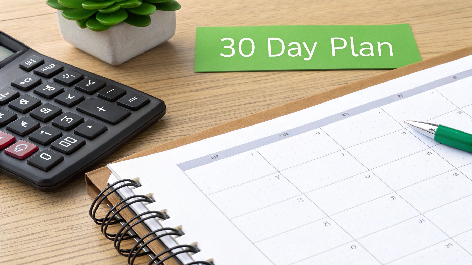 A desk view with a calculator, a planner, a green pen, and a '30 Day Plan' note.
