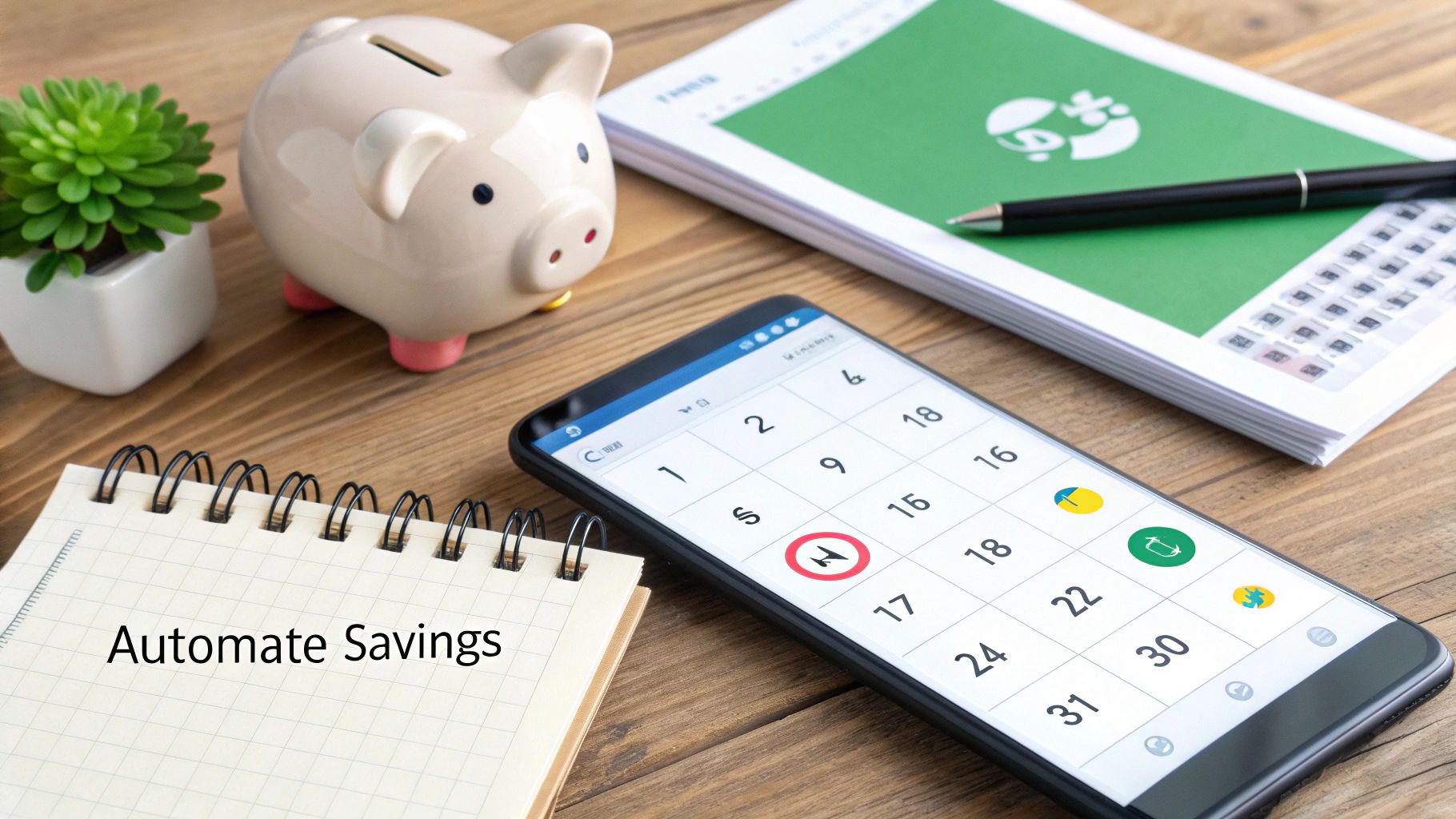 A desk setup with a piggy bank, smartphone showing a calendar, and a notebook stating 'Automate Savings'.