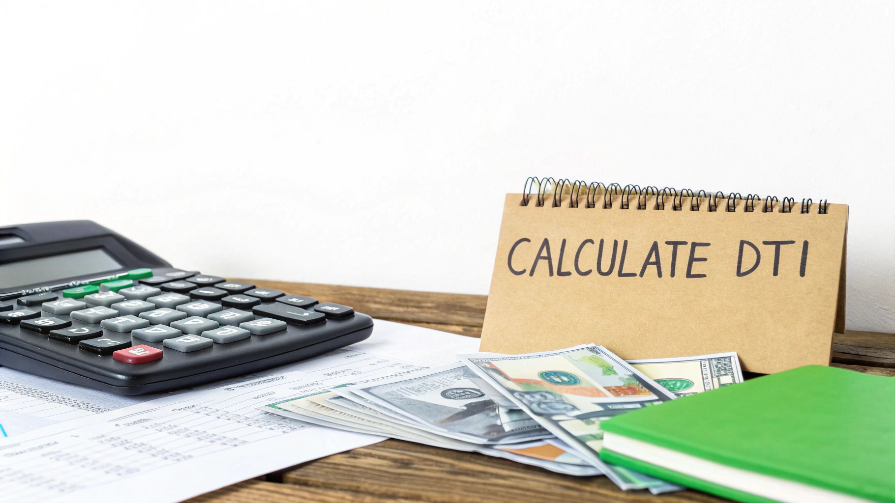 A calculator, financial documents, cash, and a notepad saying 'CALCULATE DTI' on a wooden table.