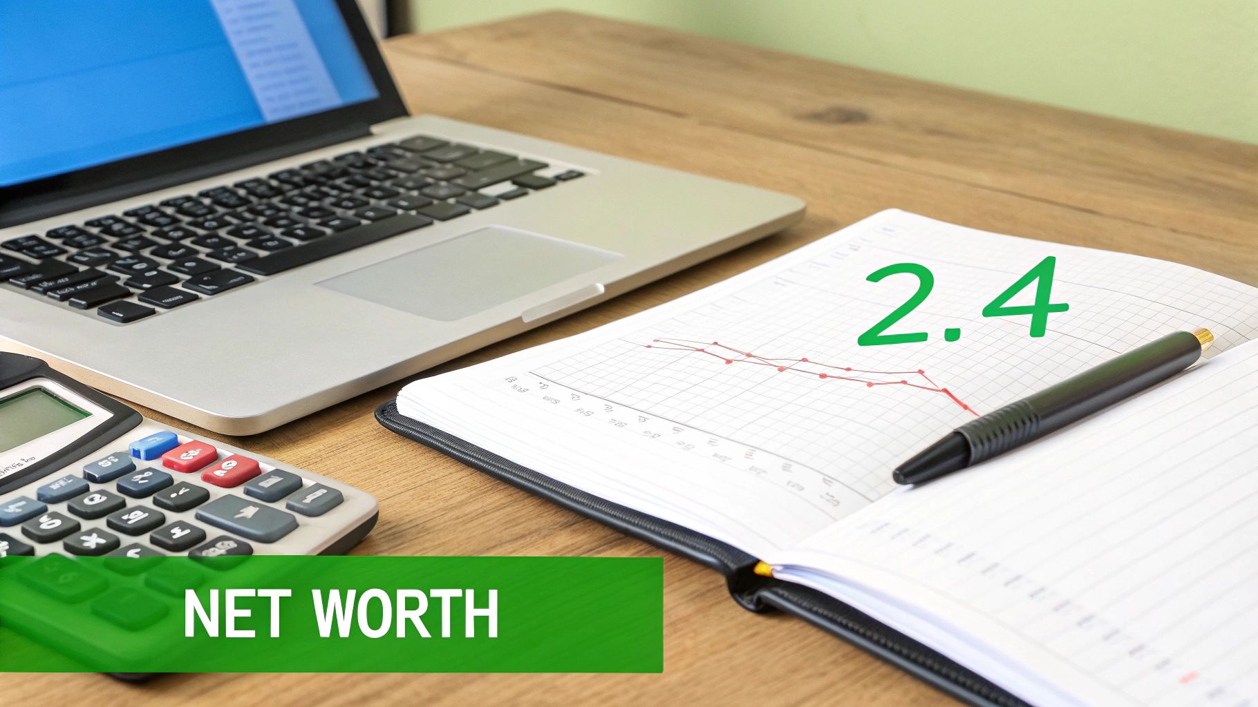 A desk with a laptop, calculator, open notebook showing a graph and 'NET WORTH' text.