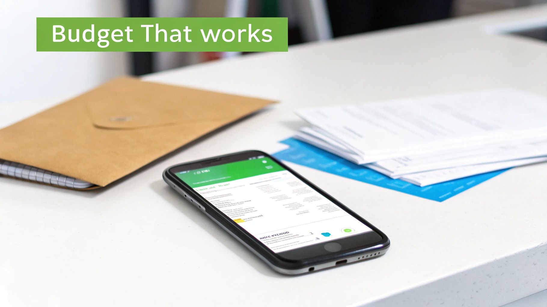 A smartphone displays a budgeting app next to an envelope and papers on a white desk, with 'Budget That works' text.