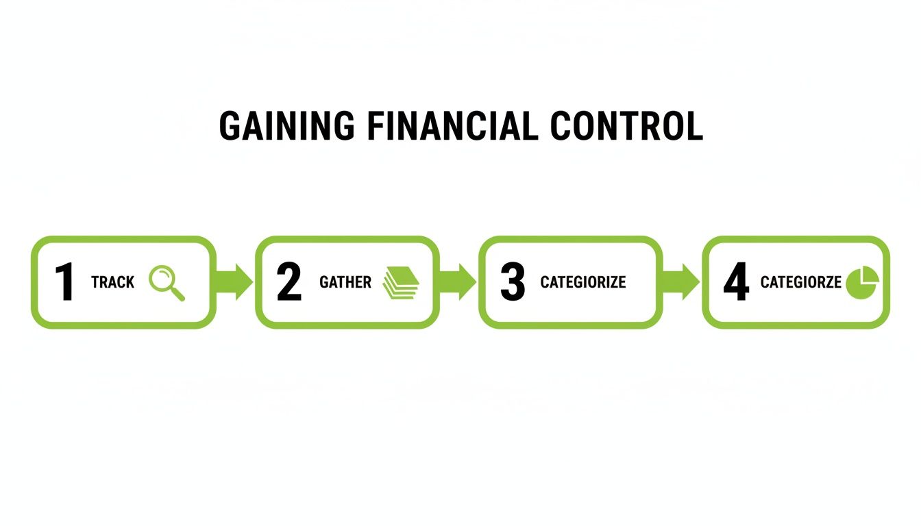 Infographic illustrating a four-step process for gaining financial control: track, gather, categorize.