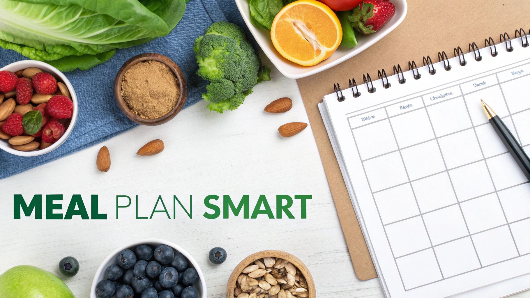 Overhead view of fresh fruits, vegetables, nuts, and a meal planning notebook with a pen.