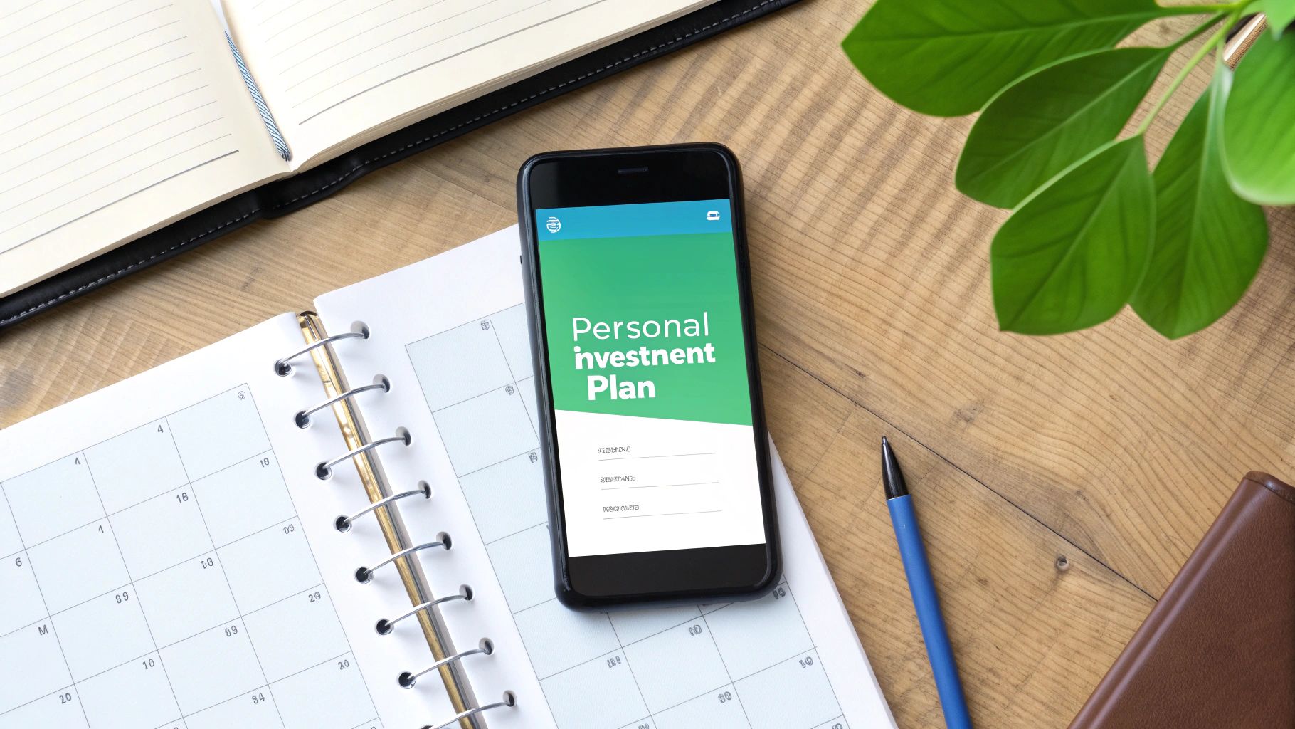 A person sitting at a desk and reviewing a document with charts, with a calculator and coffee nearby.
