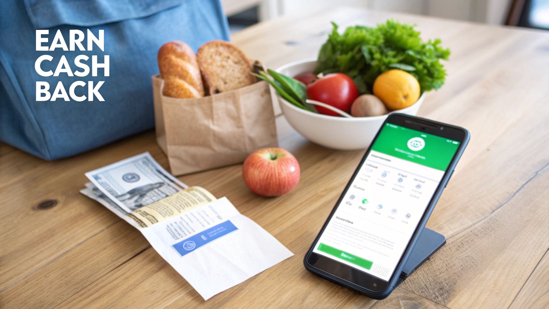 Smartphone app with groceries and money on a table, highlighting earning cash back.