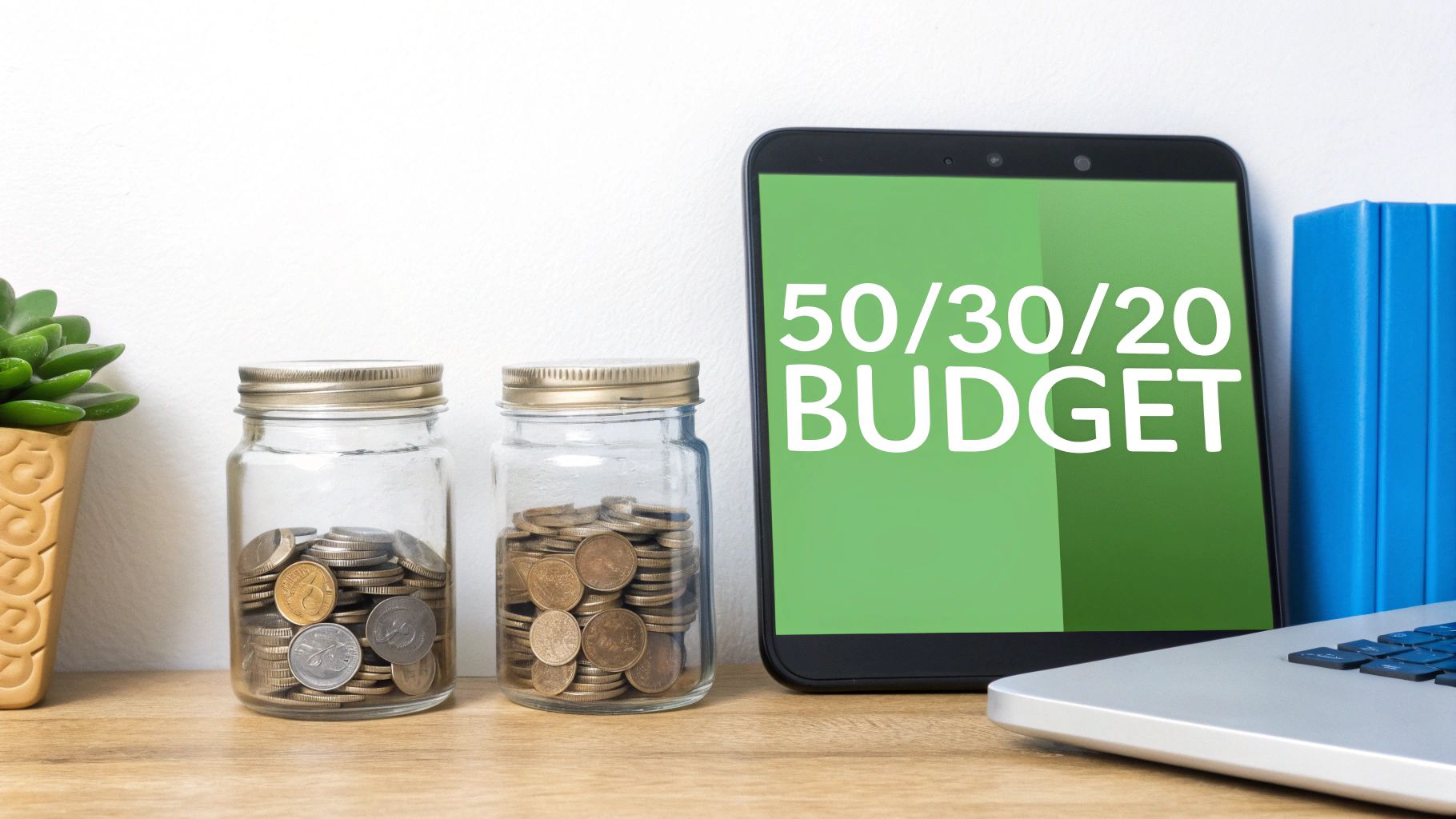 Tablet displaying 50/30/20 budget rule beside coin jars and calculator on wooden desk