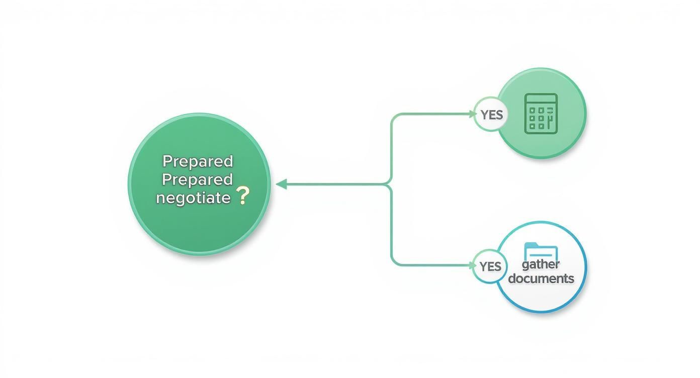 Flowchart outlining the preparation steps for negotiation: calculate and gather documents if ready.