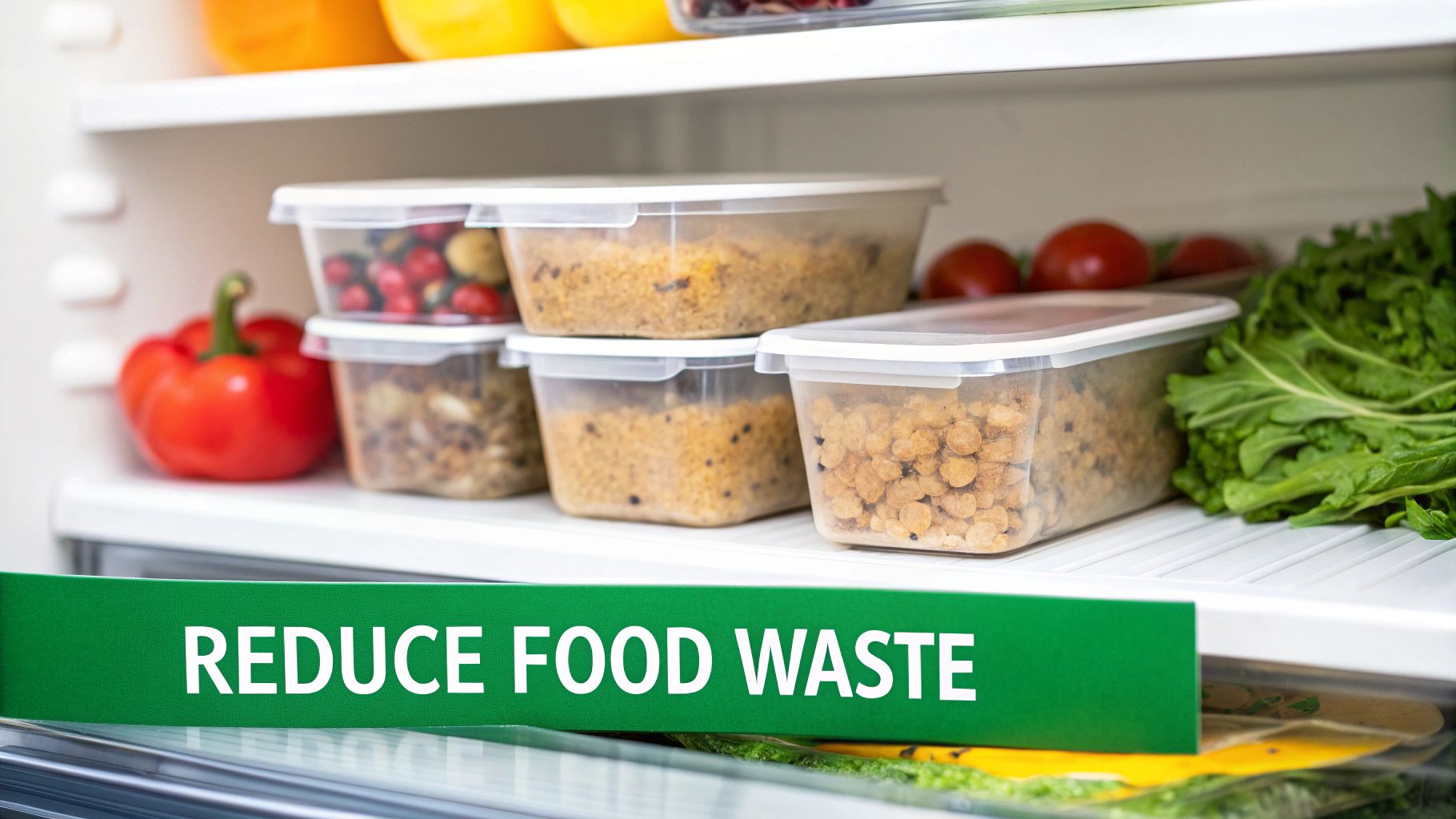 A refrigerator shelf filled with meal prep containers and fresh produce, featuring a 'REDUCE FOOD WASTE' banner.