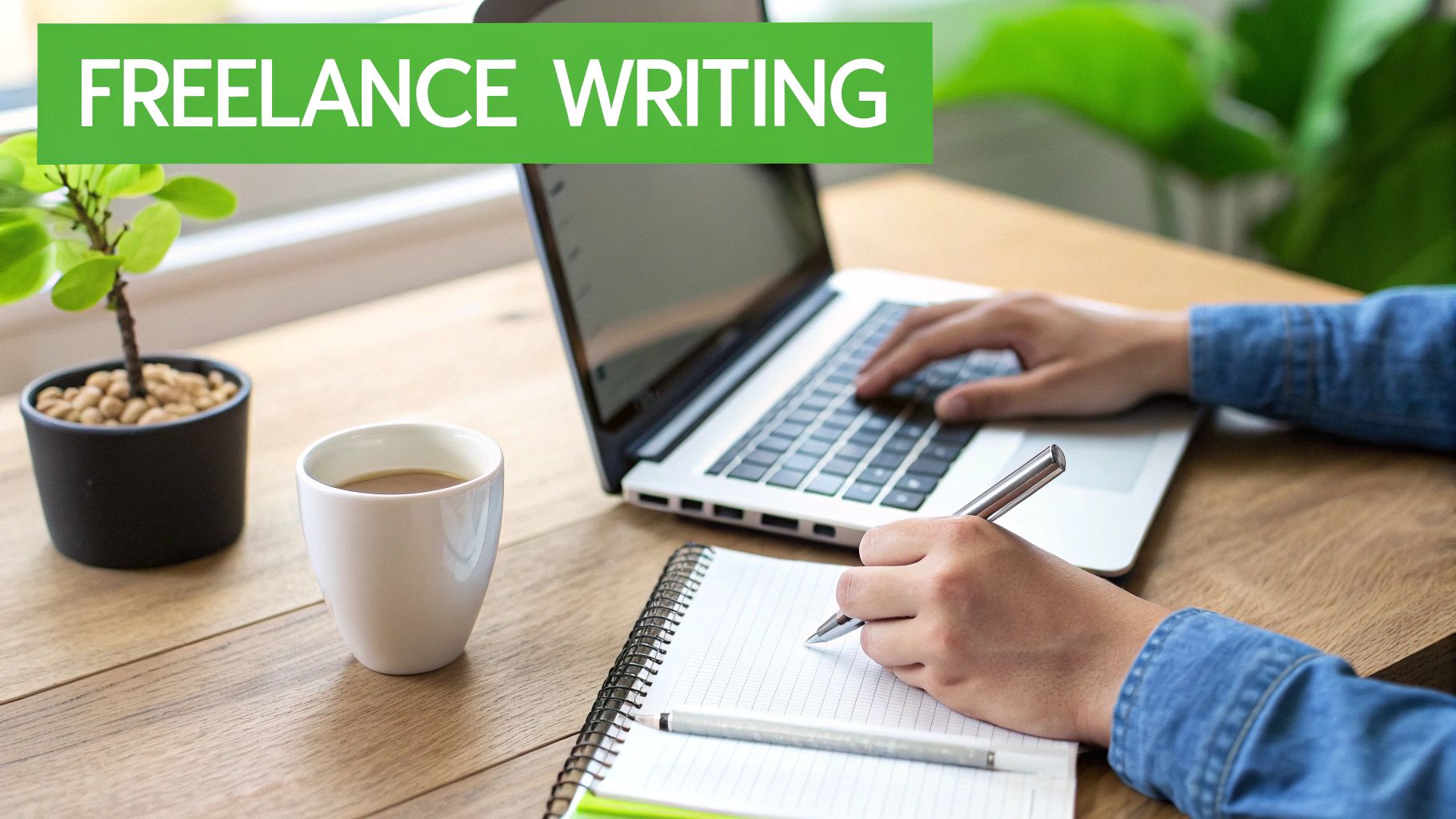 A person typing on a laptop and writing notes, with "FREELANCE WRITING" text overlay.