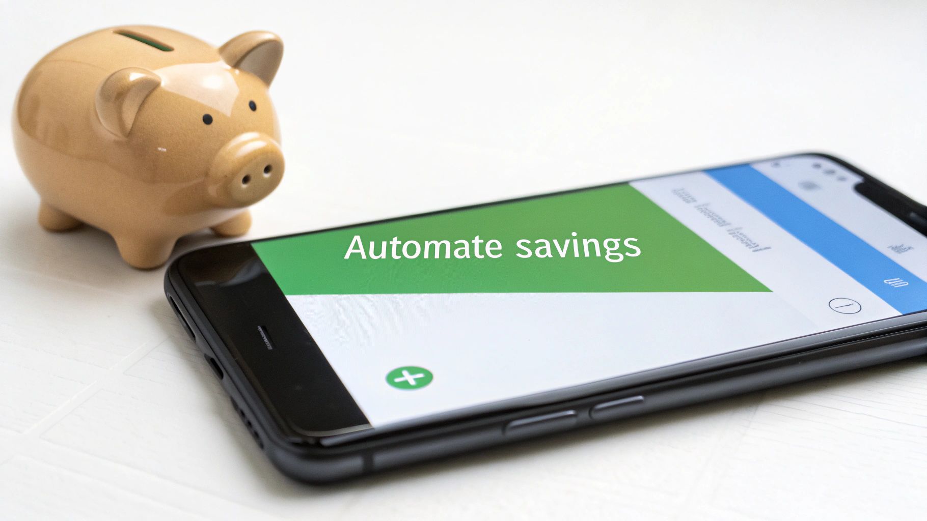 Piggy bank next to smartphone displaying automate savings feature for budgeting and financial planning