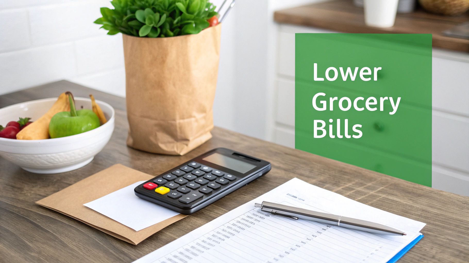Table with calculator, grocery list, fruit, and paper bag, promoting lower grocery bills.