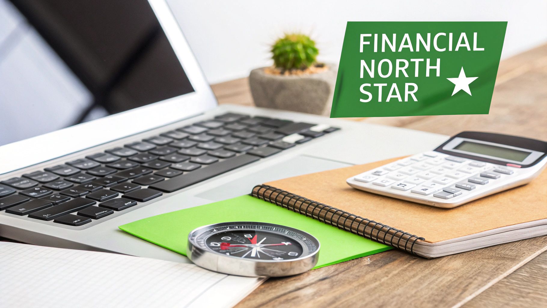 A laptop, compass, calculator, and notebooks on a desk, with a 'Financial North Star' banner.