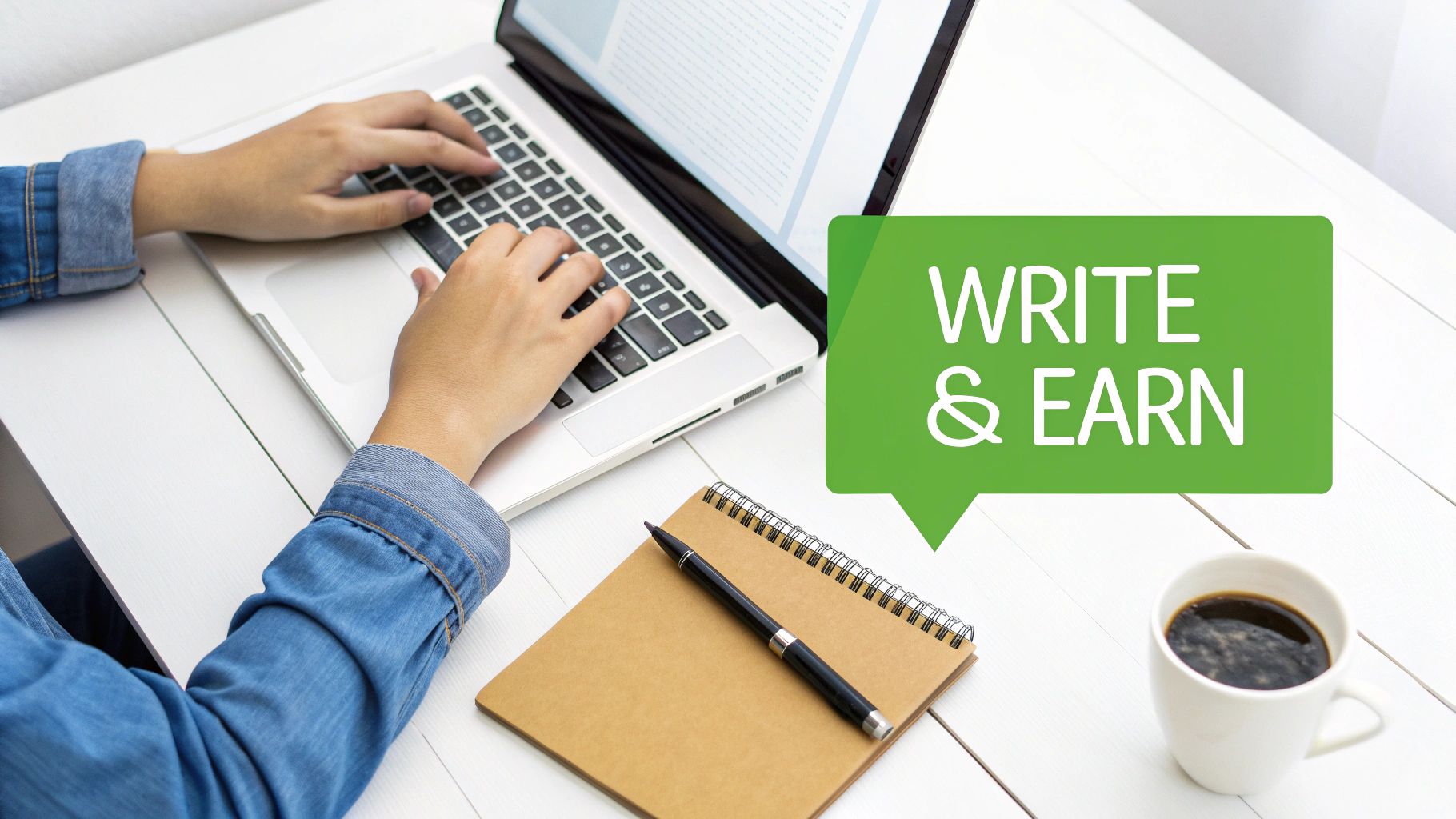 Overhead shot of a person typing on a laptop, with a 'Write & Earn' speech bubble, notebook, pen, and coffee.
