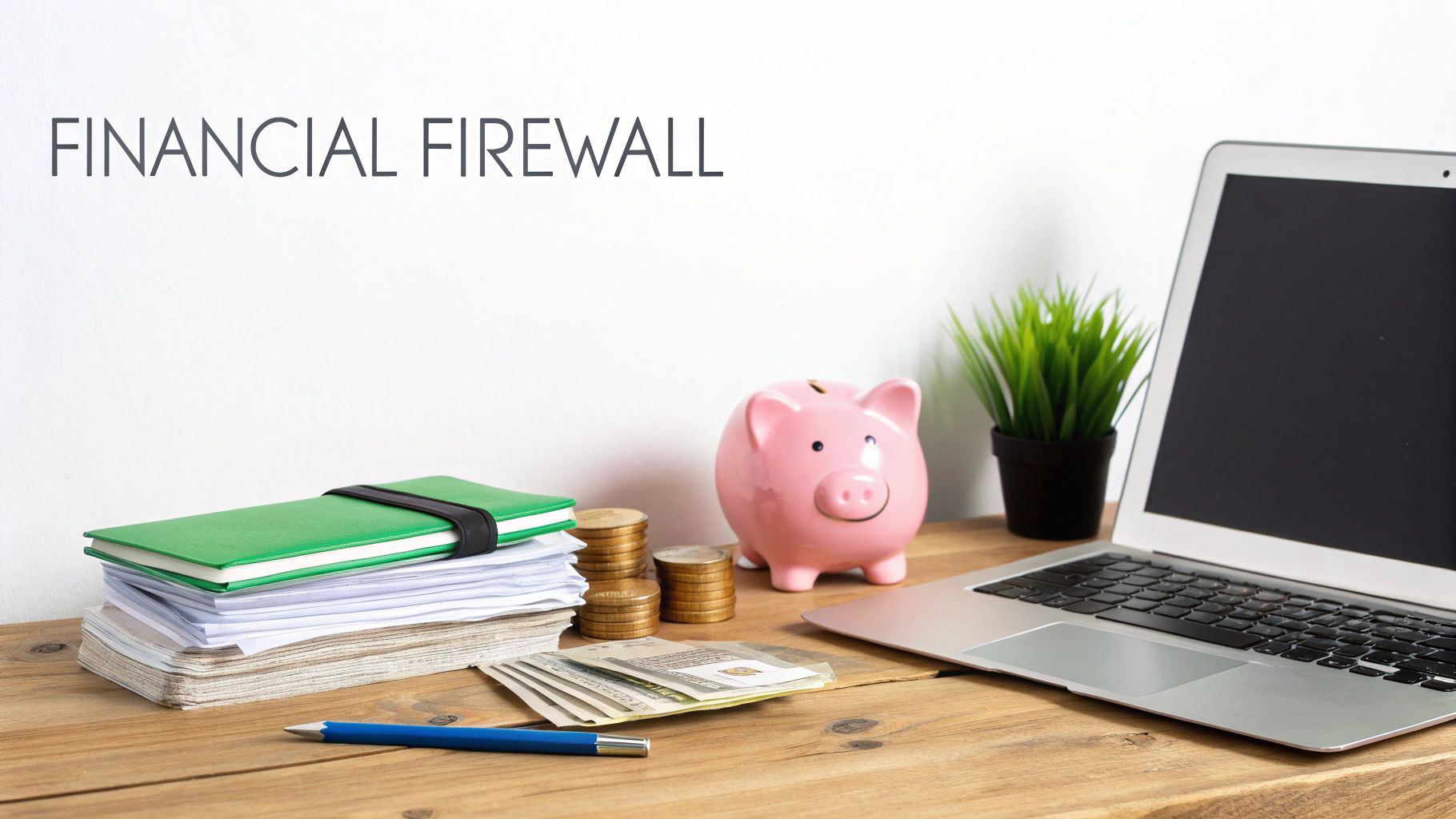 A desk setup featuring a piggy bank, coins, notes, a laptop, and documents under the text 'FINANCIAL FIREWALL'.
