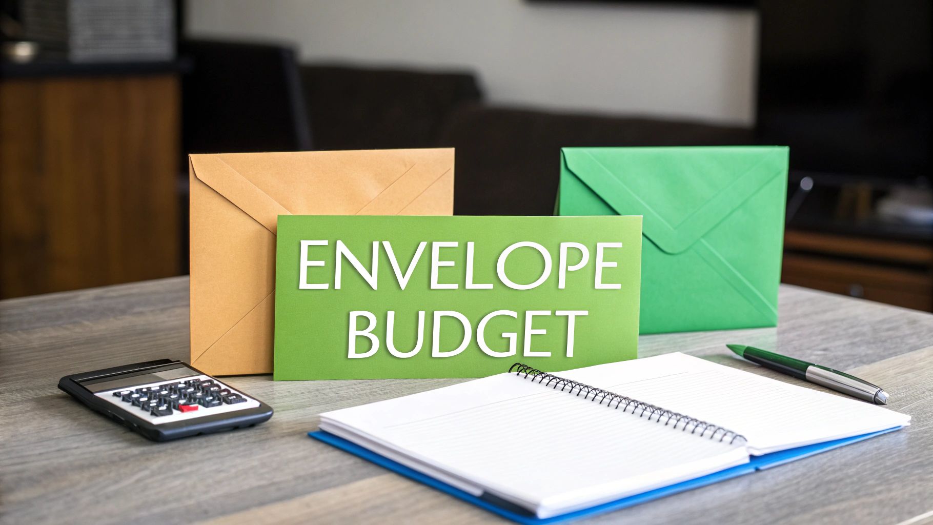 A green sign displays 'ENVELOPE BUDGET' with envelopes, a calculator, notebook, and pen on a table.
