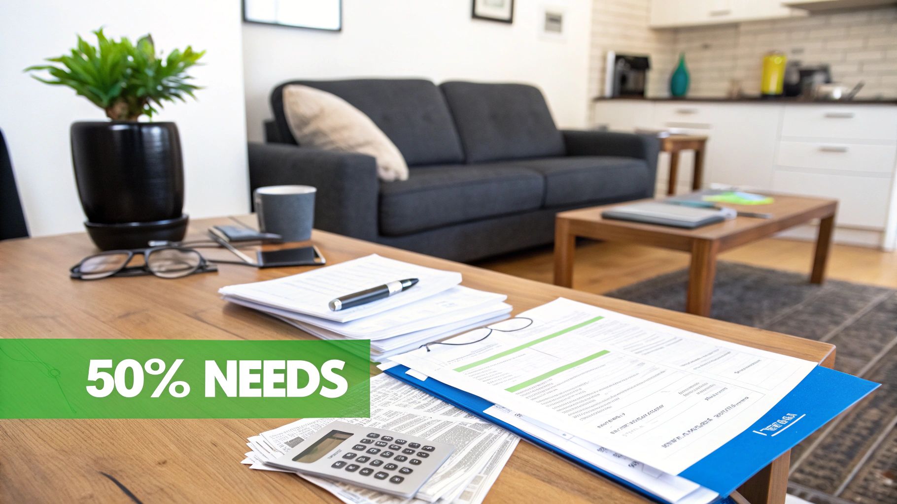 A wooden desk with documents, a calculator, and glasses, featuring a '50% NEEDS' banner, in a home setting.