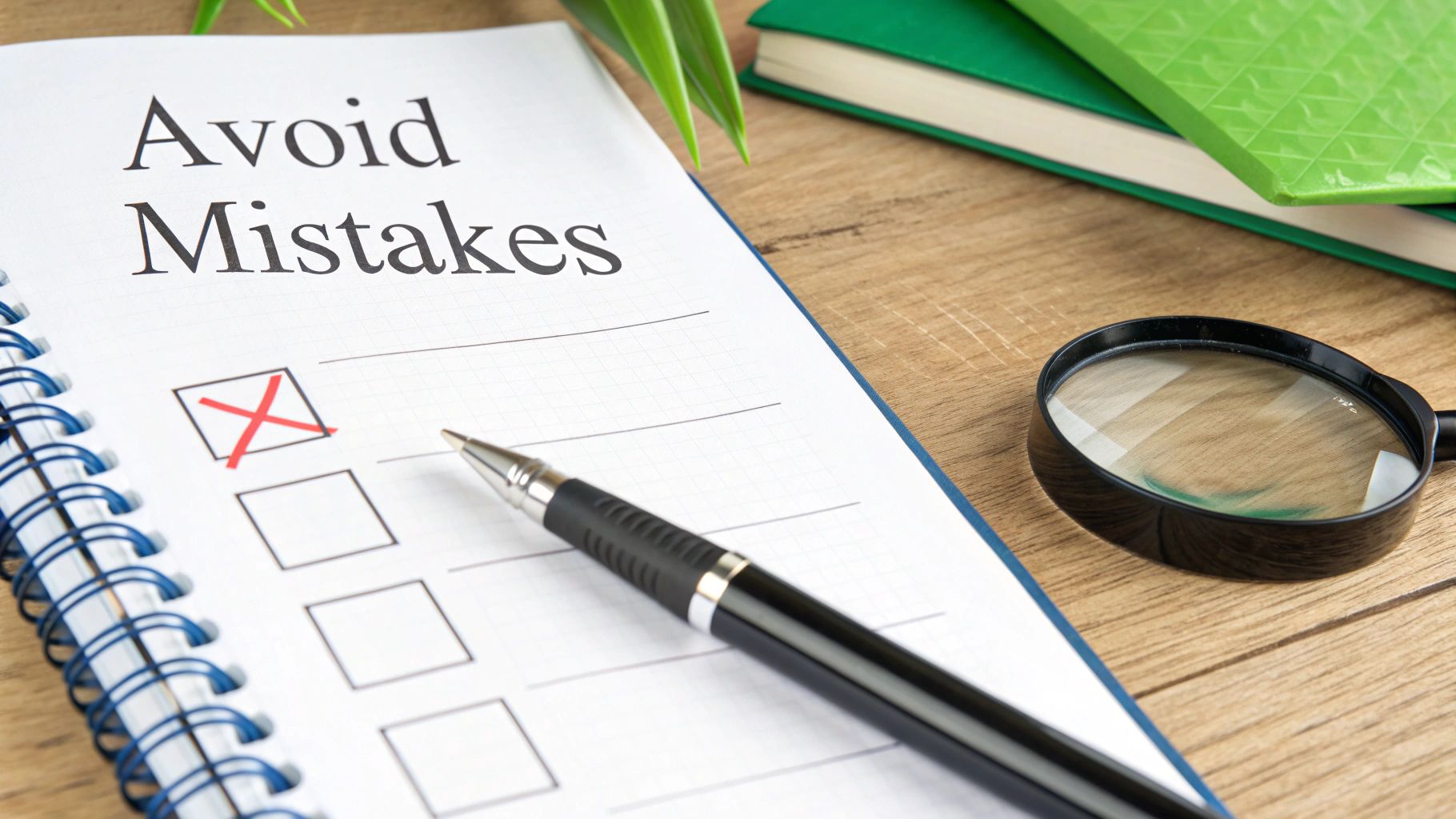 A notebook with 'Avoid Mistakes' written on it, a checked checkbox, a pen, and a magnifying glass on a wooden desk.