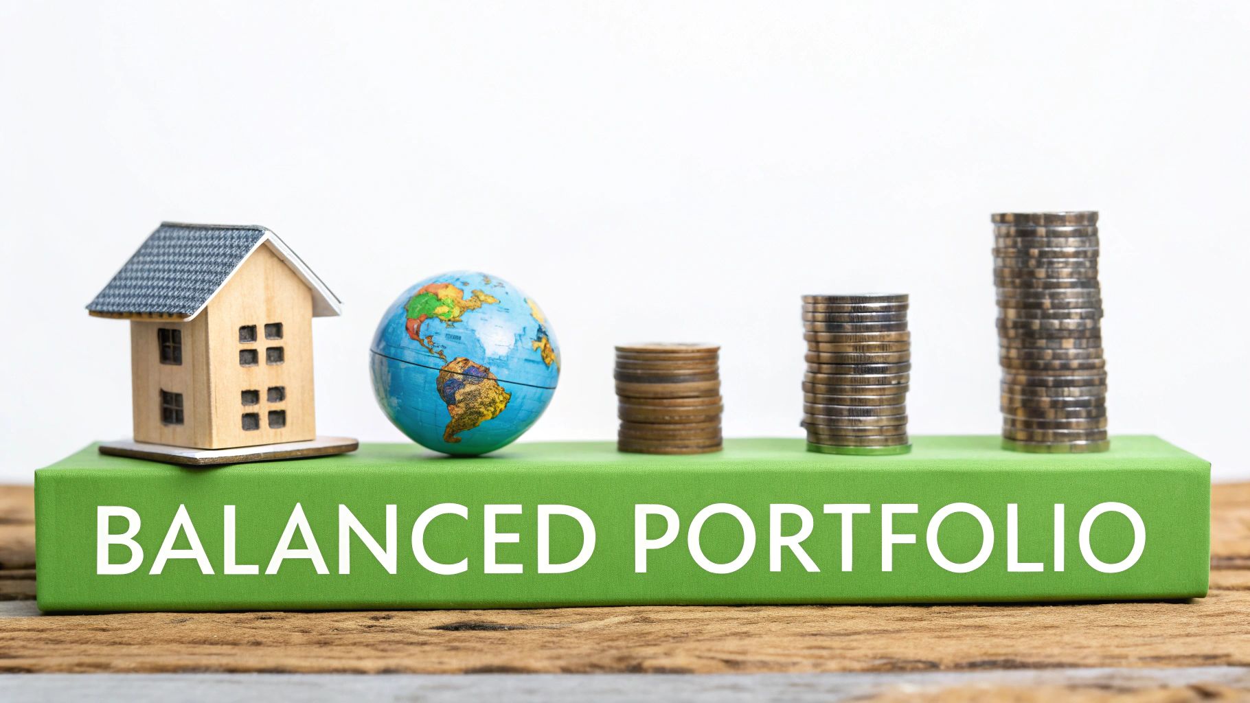 A miniature house, a globe, and stacks of coins on a green block labeled 'BALANCED PORTFOLIO', symbolizing diversified investments.
