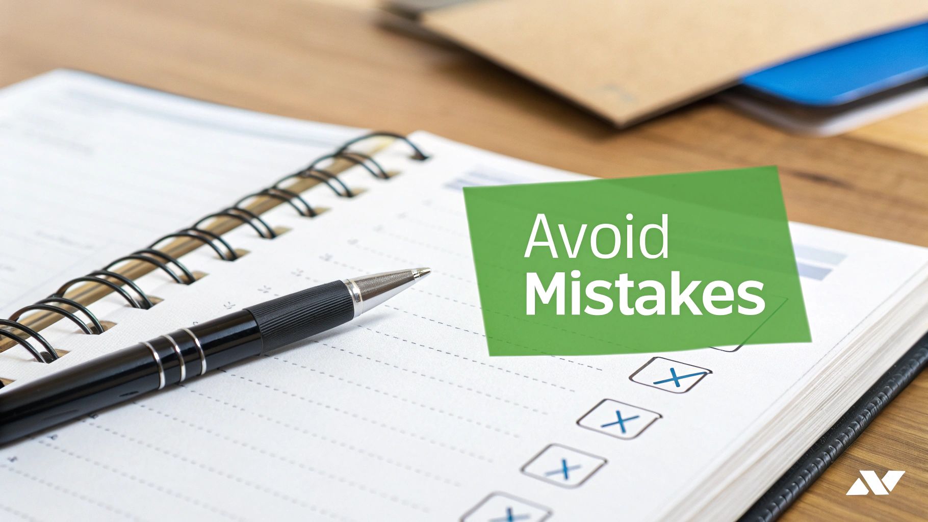 Desk setup with open notebook, pen, and a green note reading 'Avoid Mistakes' over a checklist. Smart Credit Card Debt Transfer