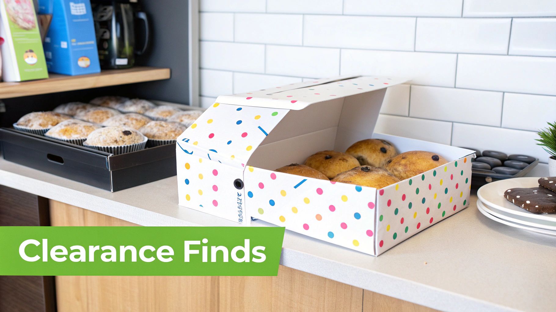 A counter with various baked goods, including muffins in a black tray and pastries in a polka-dot box, next to a "Clearance Finds" sign.