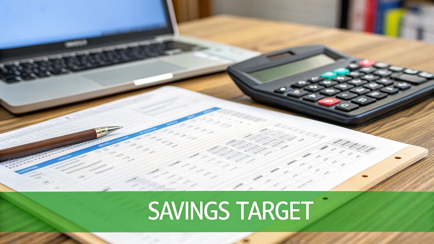 A person using a calculator with house keys and a small model house on the desk, signifying financial planning.