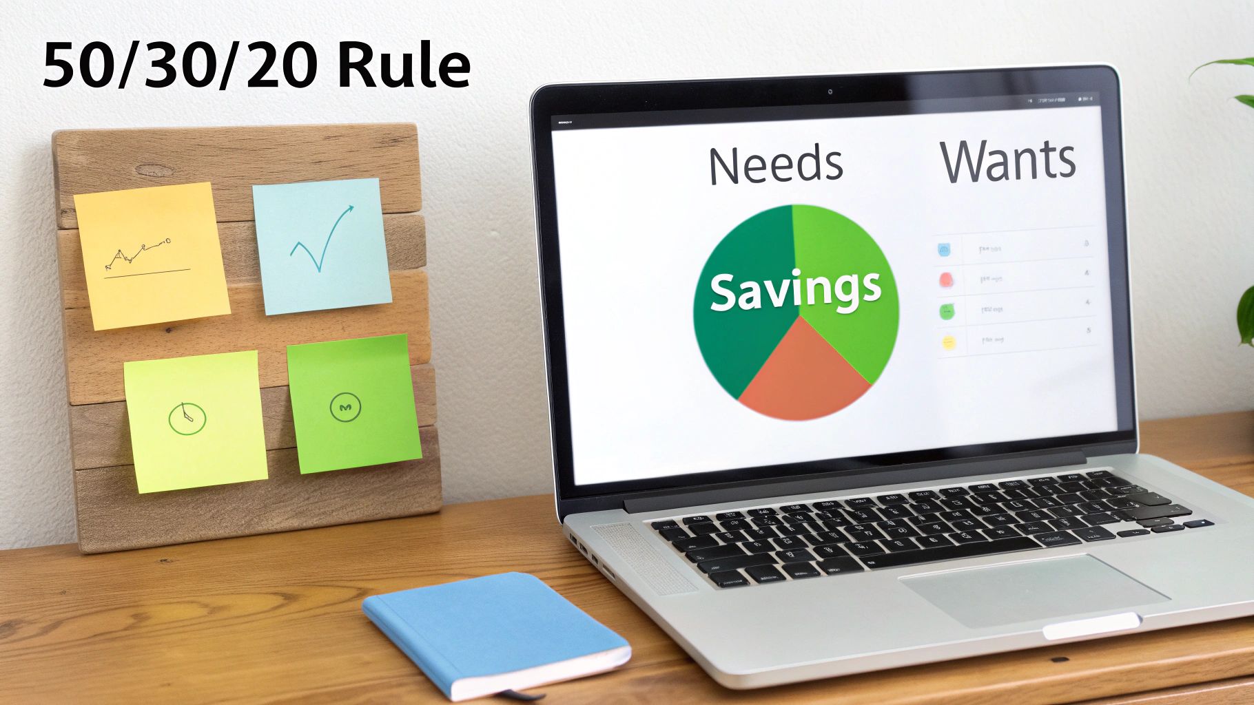 A laptop screen displays a 50/30/20 rule pie chart for needs, wants, and savings.