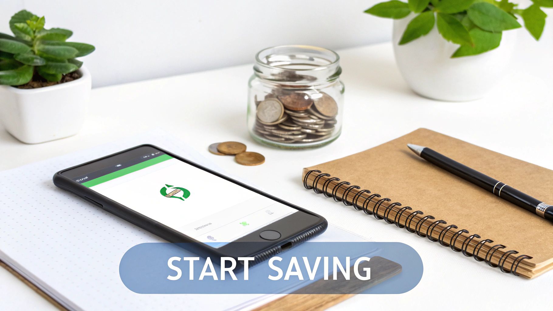 Smartphone, coin jar, and notebook on a desk with 'Start Saving' text overlay.