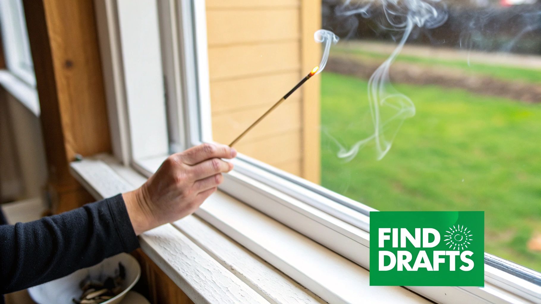 A hand holds a lit incense stick near a window, using its smoke to detect drafts.