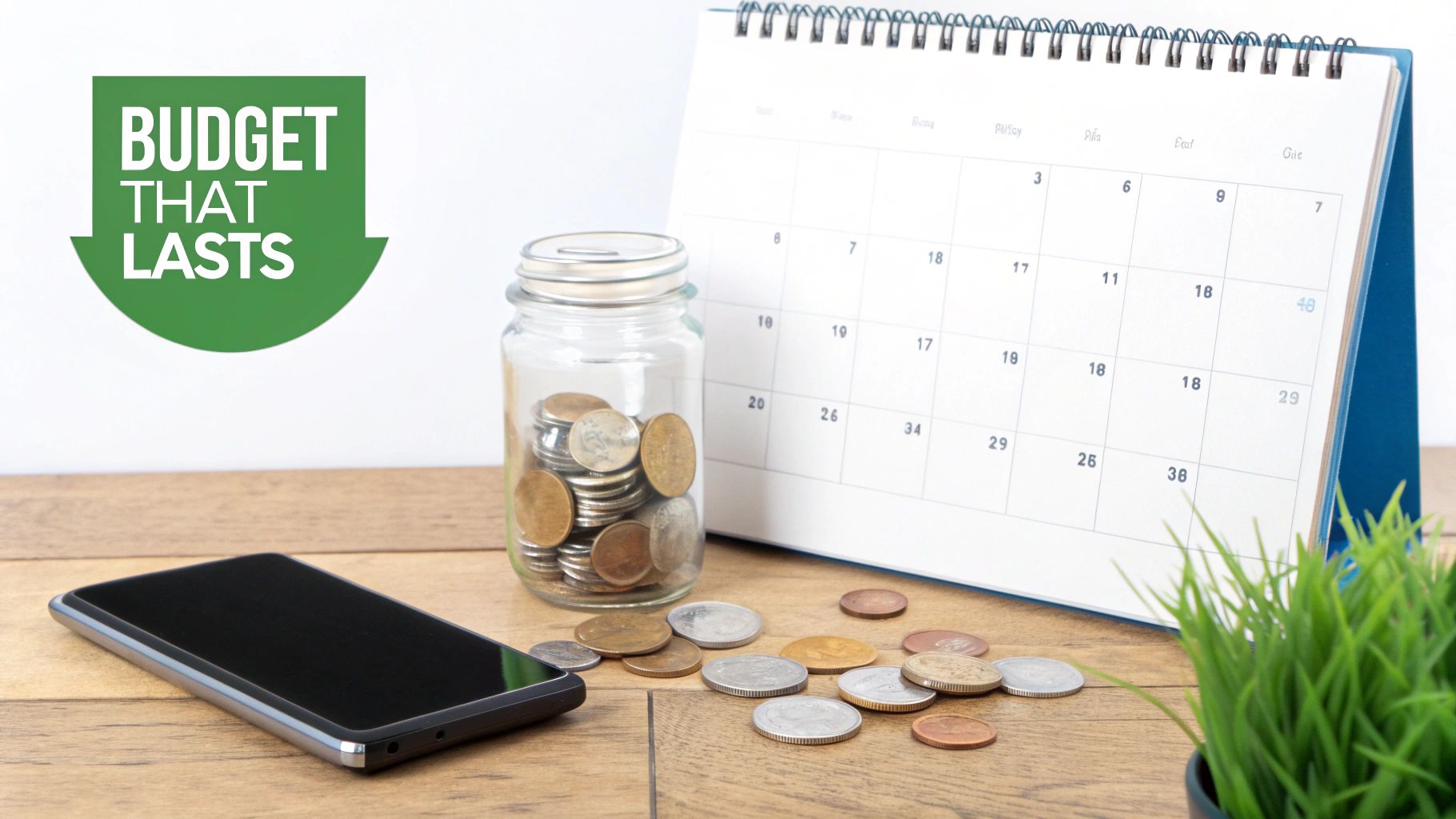 A desk with a savings jar, coins, a calendar, and a phone, promoting a lasting budget.