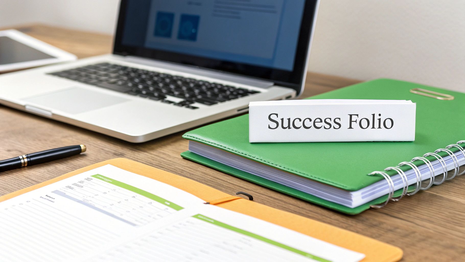 A professional desk setup featuring a laptop, tablet, pen, and a 'Success Folio' sign on a green notebook.