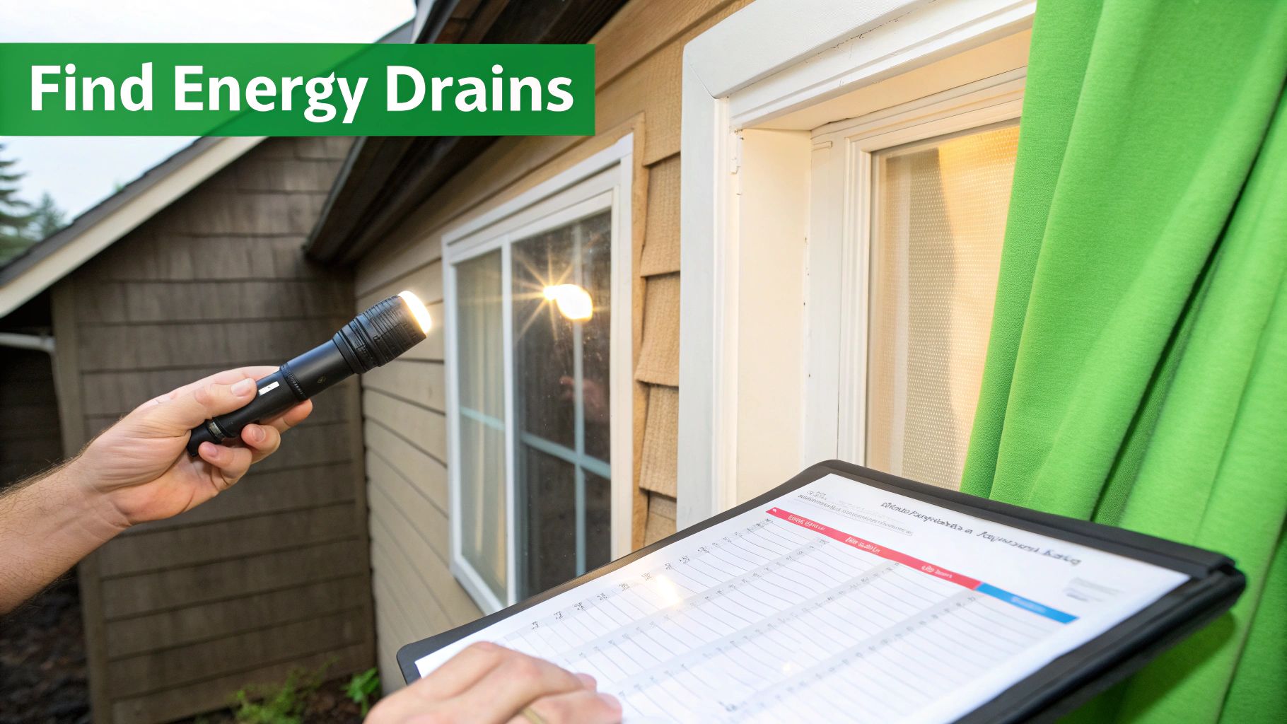 A person uses a flashlight to inspect a house window for energy leaks, holding a checklist.
