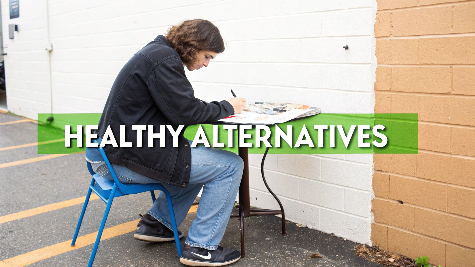 A person sits at a small table, writing in a book, with a 'HEALTHY ALTERNATIVES' banner.
