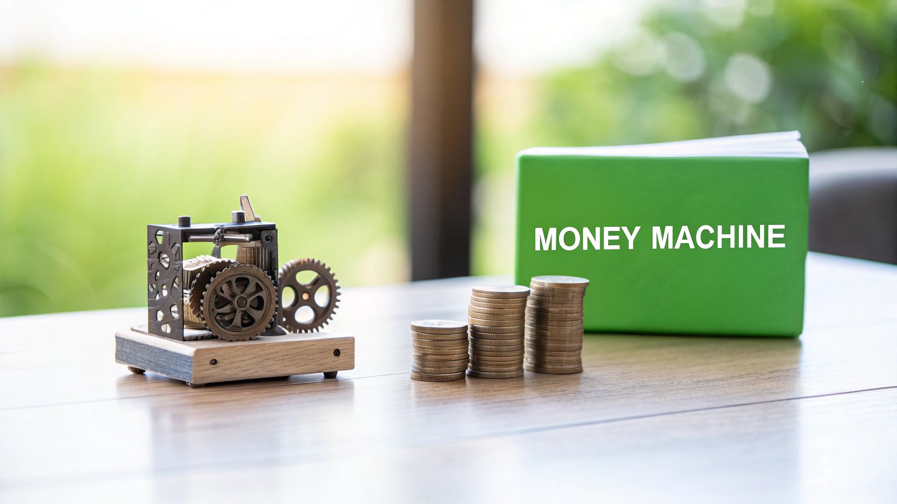 A mechanical device with gears next to stacks of coins and a green 'MONEY MACHINE' book.