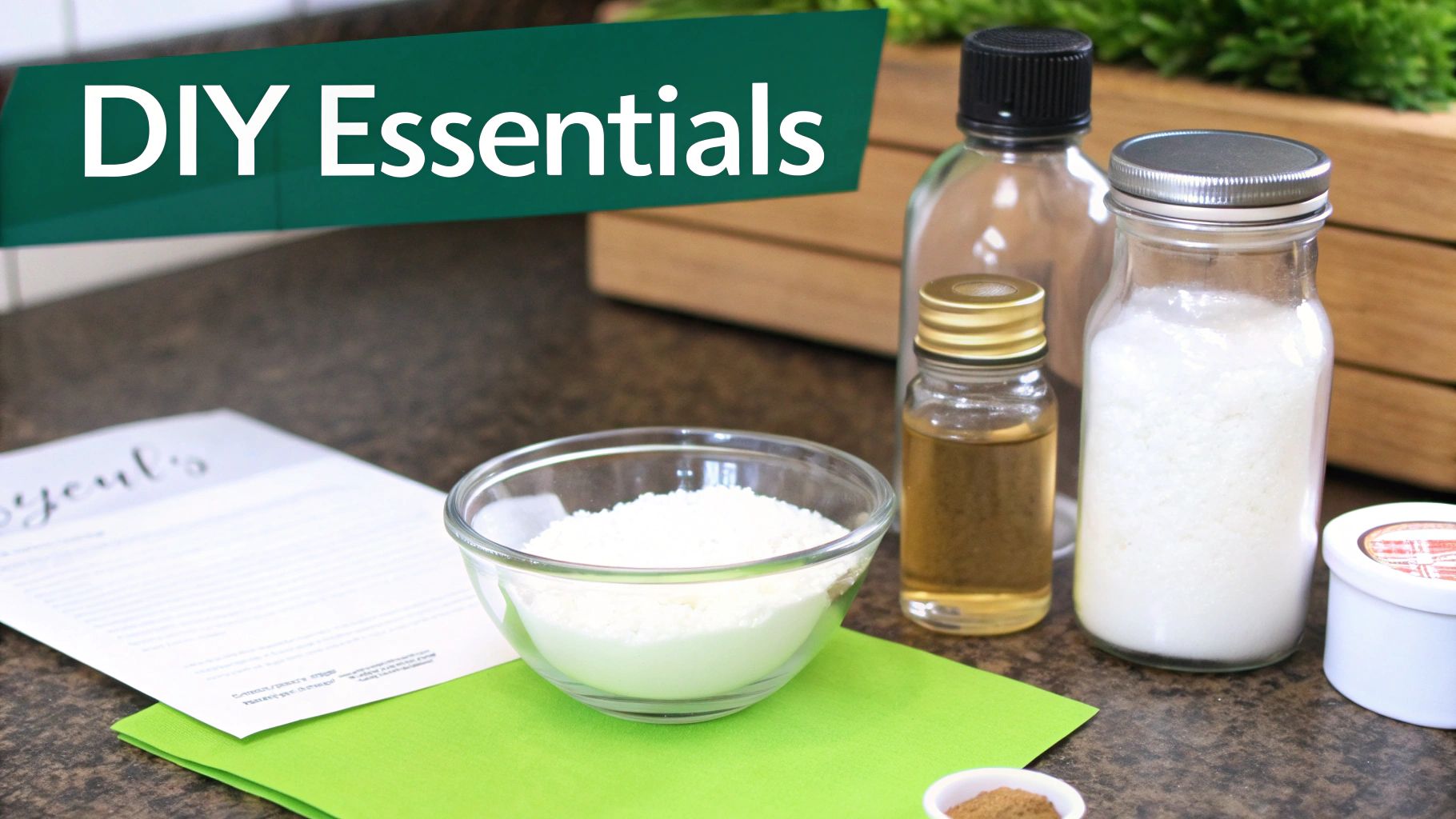 A counter with various DIY essentials including powders, liquids in bottles, and a recipe paper.