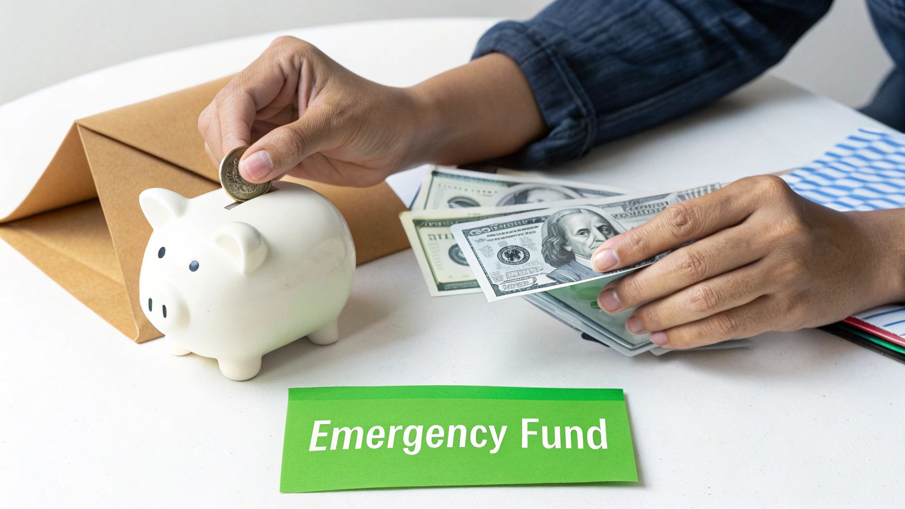 Hands are putting a coin into a white piggy bank, next to dollar bills and an "Emergency Fund" note.