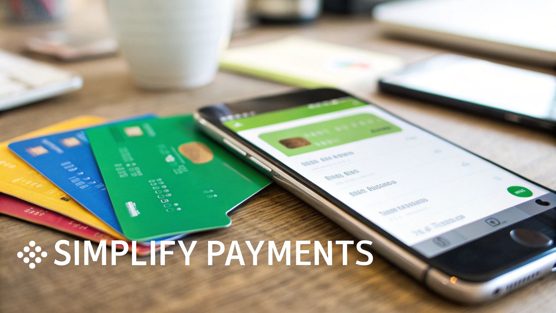 Colorful credit cards stacked next to a smartphone displaying a banking app on a wooden desk, with text 'SIMPLIFY PAYMENTS'.