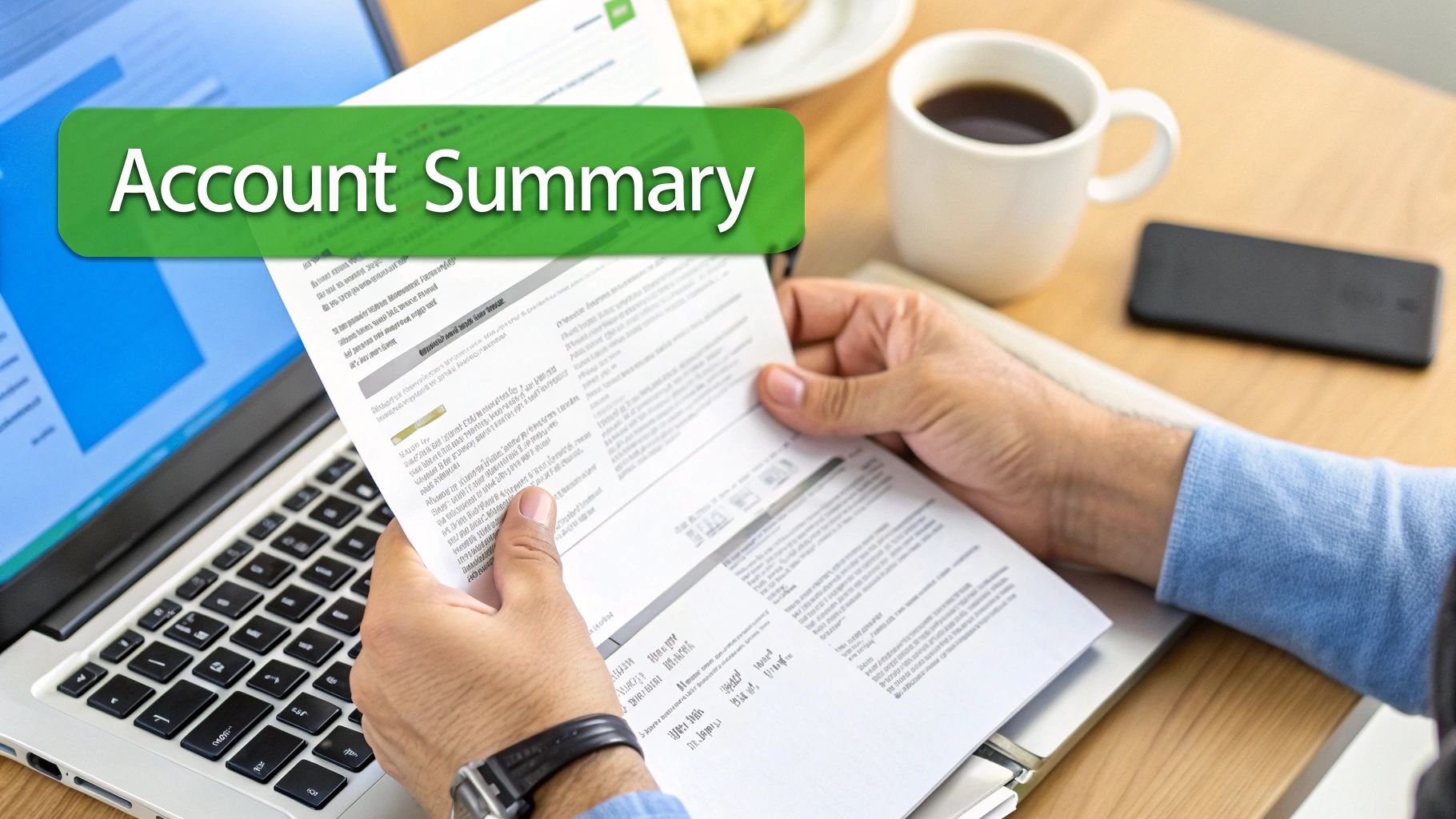 A person's hands holding an account summary document at a desk with a laptop and coffee.
