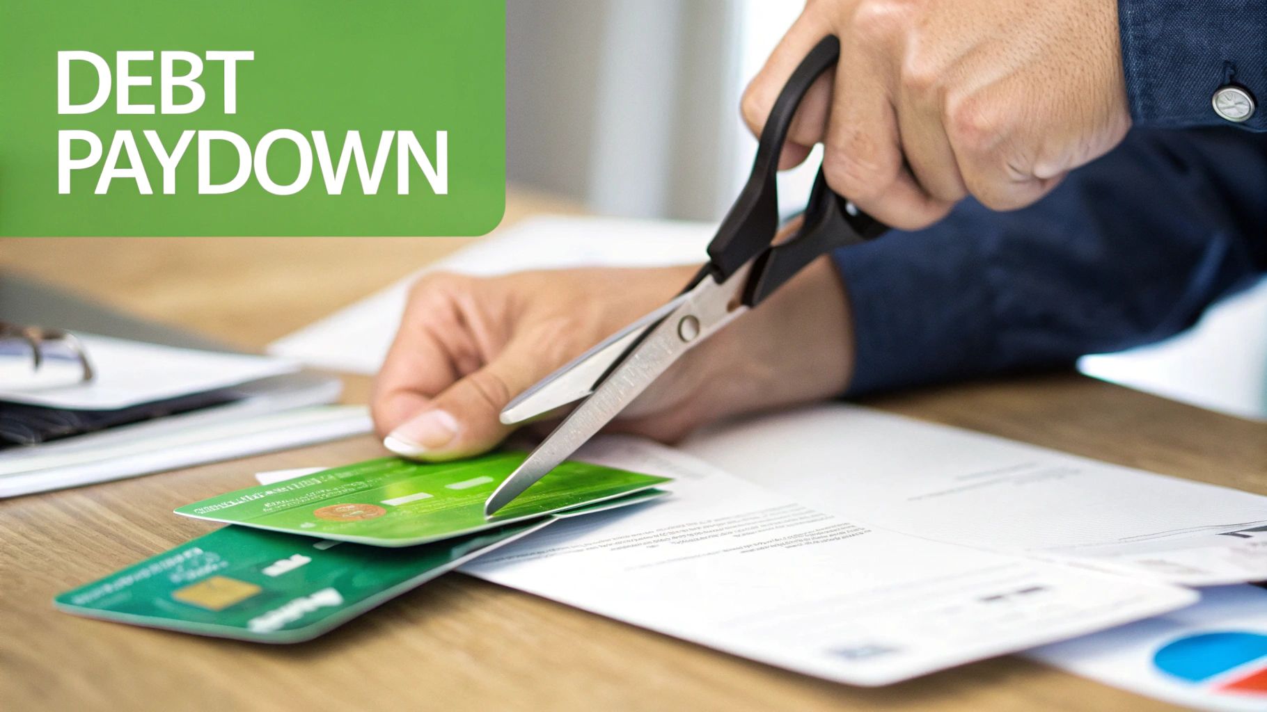 Person cutting credit cards with scissors for debt paydown and financial freedom strategy